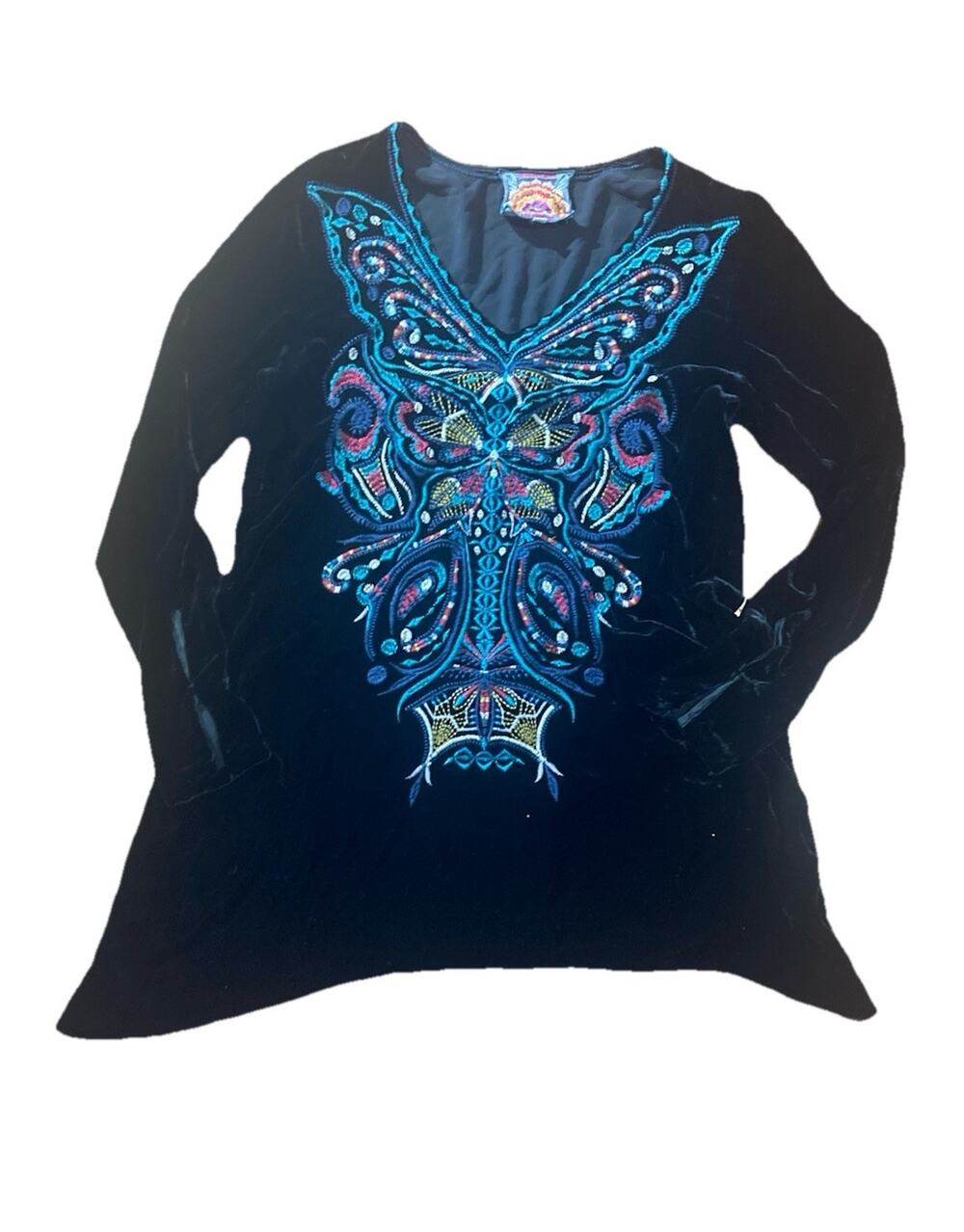 Johnny Was Aurelia Black Velvet V-Neck Tunic Top Butterfly Embroidered XS